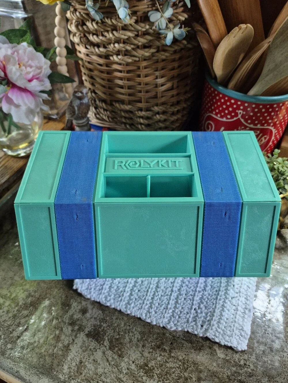Vintage Rolykit Roll-up Storage Organizer 1970s/1980s Sea Foam Green Blue Box